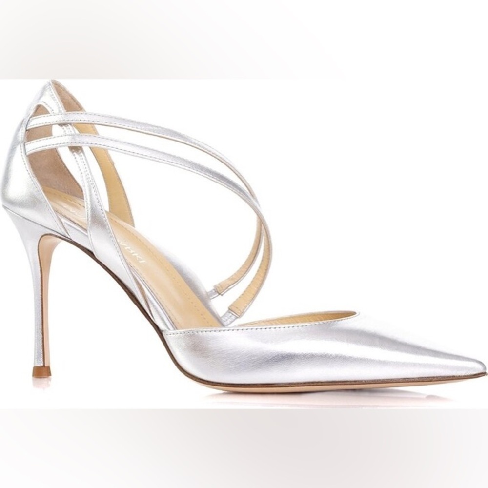 New Marion Parke Megan 85 Leather Pointed Toe Pumps Silver Metallic Sz 35.5